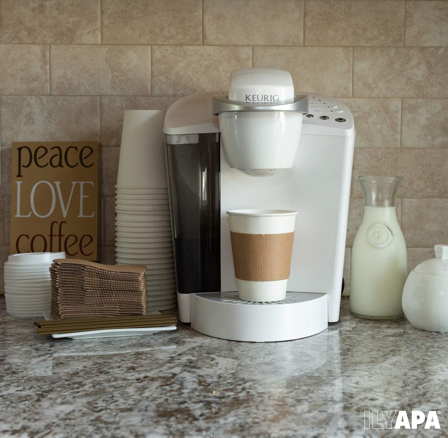 Ilyapa 100 Pack - 12 oz To Go Coffee Cups with Sleeves, Lids & Stirrers - Disposable & Recyclable White Paper Travel Coffee Cups