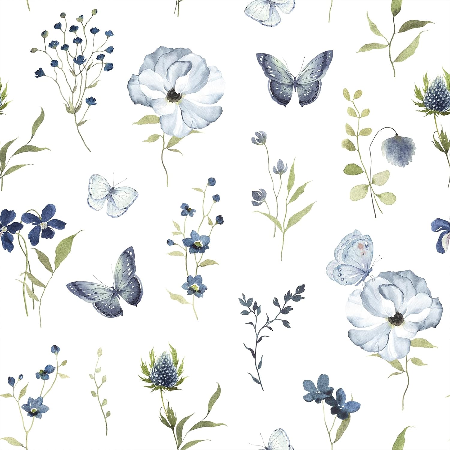 VEELIKE Watercolor Floral Wallpaper Peel and Stick Removable Blue Butterflies Flower Wallpaper for Bedroom Bathroom 17.7''x118'' Prepasted Vintage Floral Contact Paper for Cabinets Drawers Walls