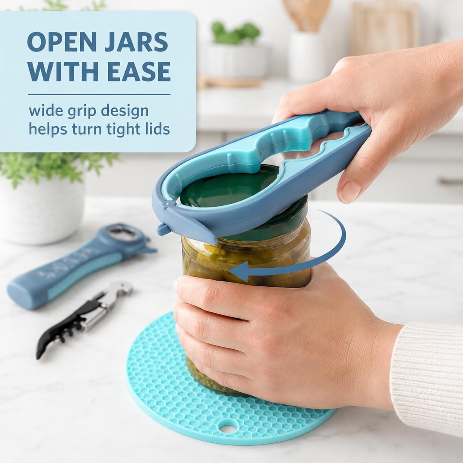 Jar Openers For Seniors,Jar Opener For Weak Hands, Seniors With Arthritis,Multi-Function Kitchen Opener Tool,With Non Slip Rubber Jar Opener Gripper & Corkscrew Opener