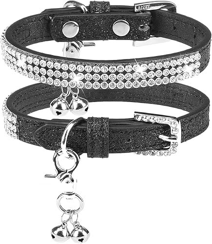 Miniatura 9 de PUPTECK Collar de gato ajustable básico con diamantes brillantes y campanas dobles, para gatito y cachorro pequeño, moda y brillante (XXS collar