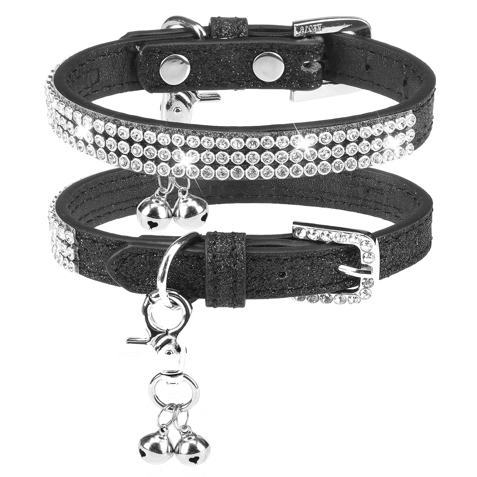 PUPTECK Basic Adjustable Cat Collar with Bling Diamond and Double Bells, for Kitten and Small Puppy, Fashion and Shining Dog Rhinestone Collars, 6-8in, Pink, Black, Red, Gold, Silver — image 1