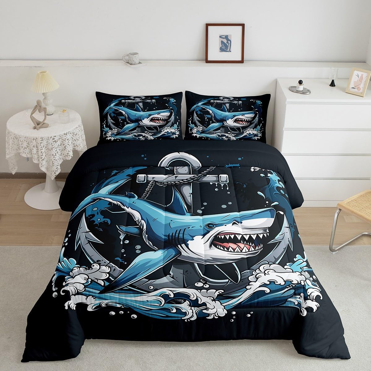 Manfei Nautical Anchor Comforter Set,Cartoon Cute Shark Undersea Animal Bedding Set for Kids Adults Bedroom,Ocean Waves Navigation Blue Black Comforter with 1 Pillowcase for All Seasons,Twin
