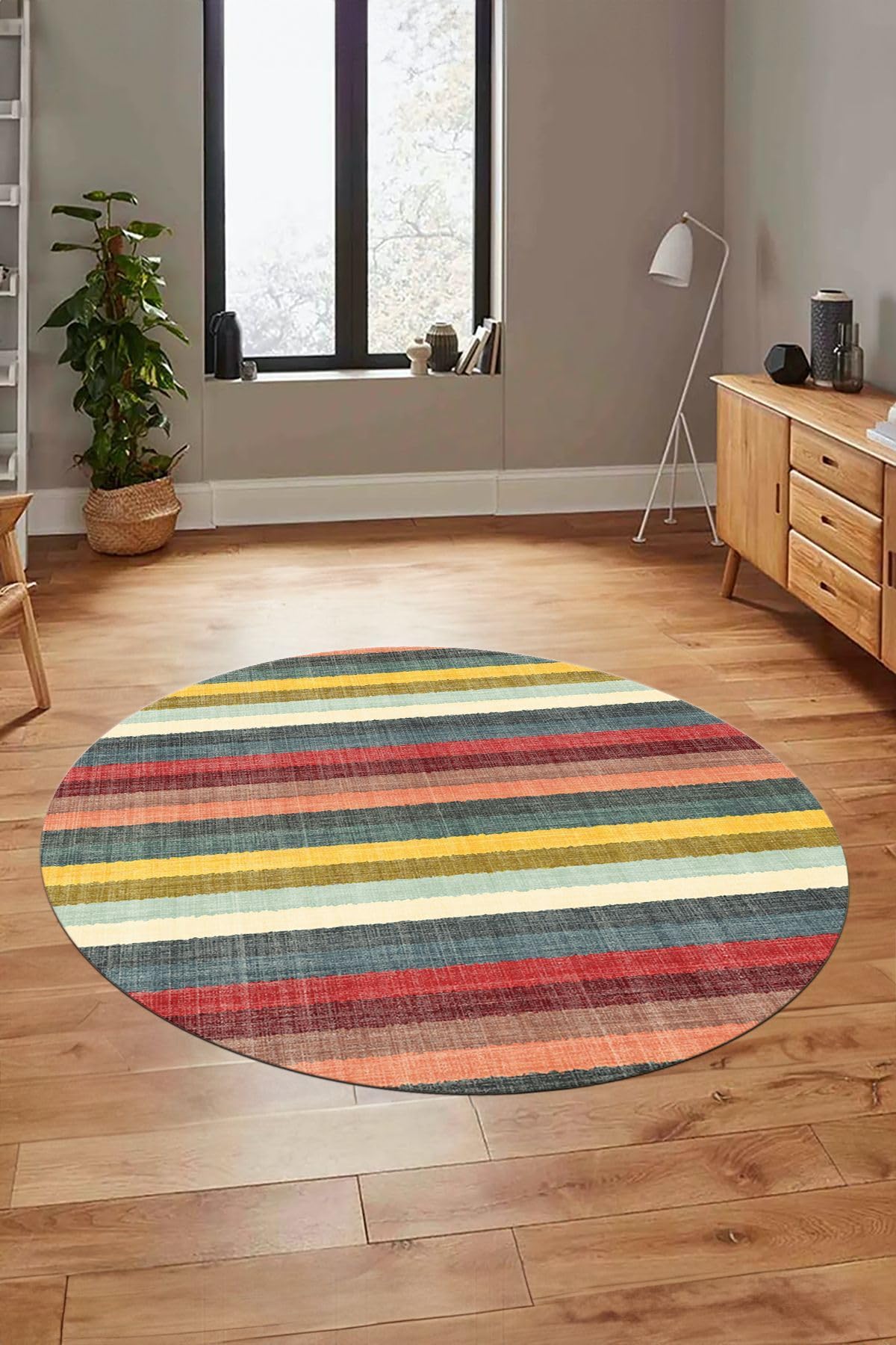 Evdeya Modern Kilim Desen Dijital Kaymaz Taban Yıkanabilir Yuvarlak Mutfak Salon Halısı Y-MODERN-25, Çok Renkli, 100 x 100
