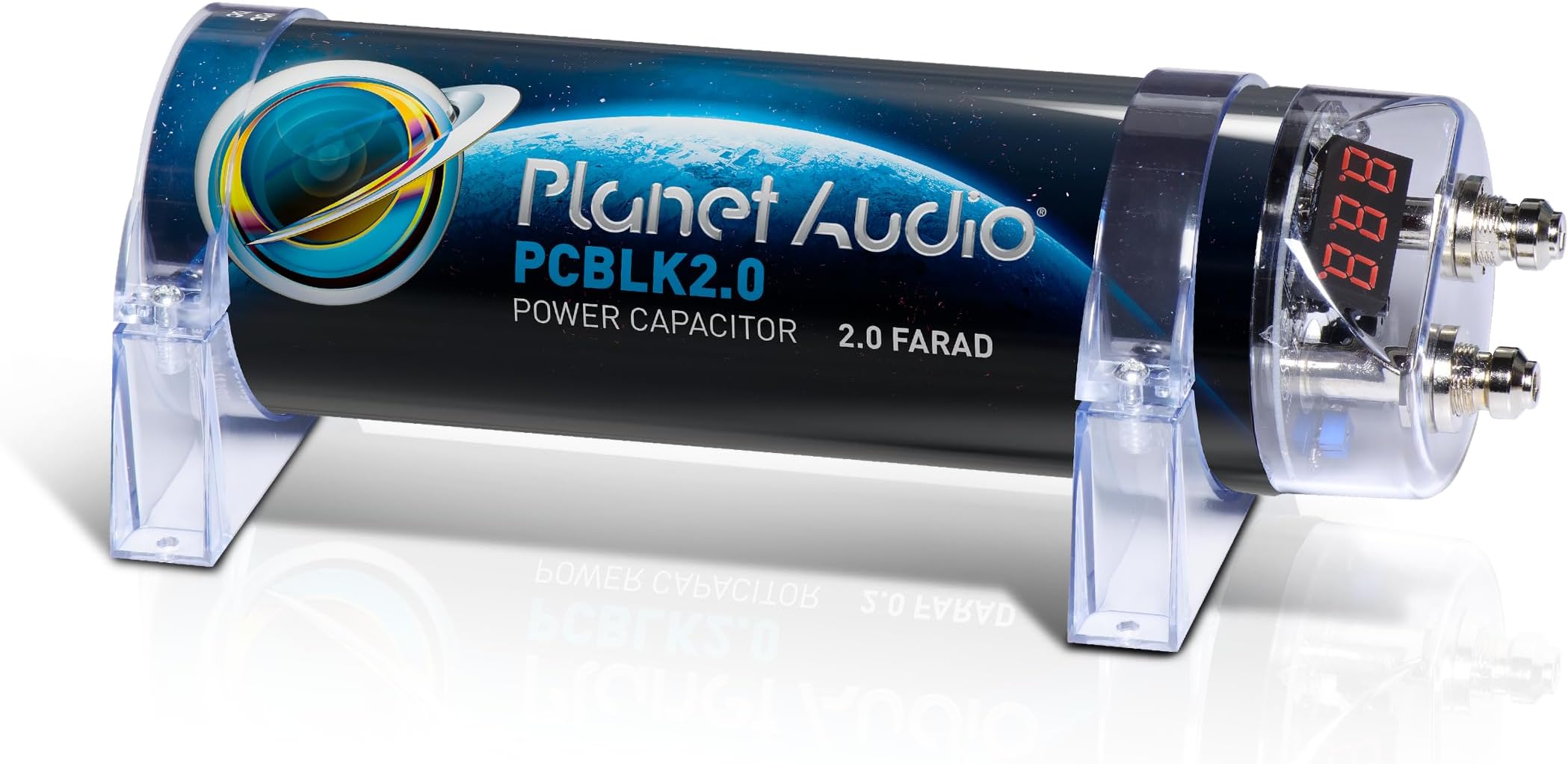 Planet Audio PCBLK2.0 Car Capacitor - 2 Farad, Energy Storage, Enhance Bass from Stereo, Warning Tones, LED Voltage Meter