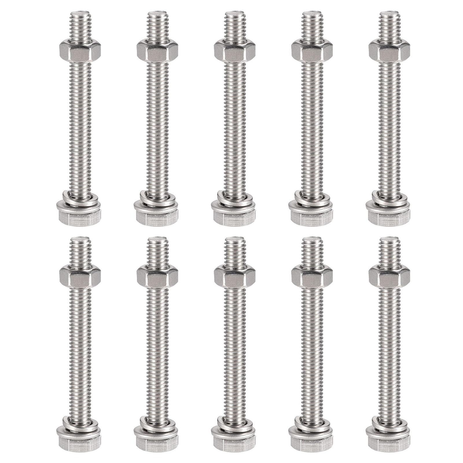 TOP-VIGOR 10Pcs M6 x 55mm Hex Head Screws Bolts, Nuts, Flat & Lock Washers Kits