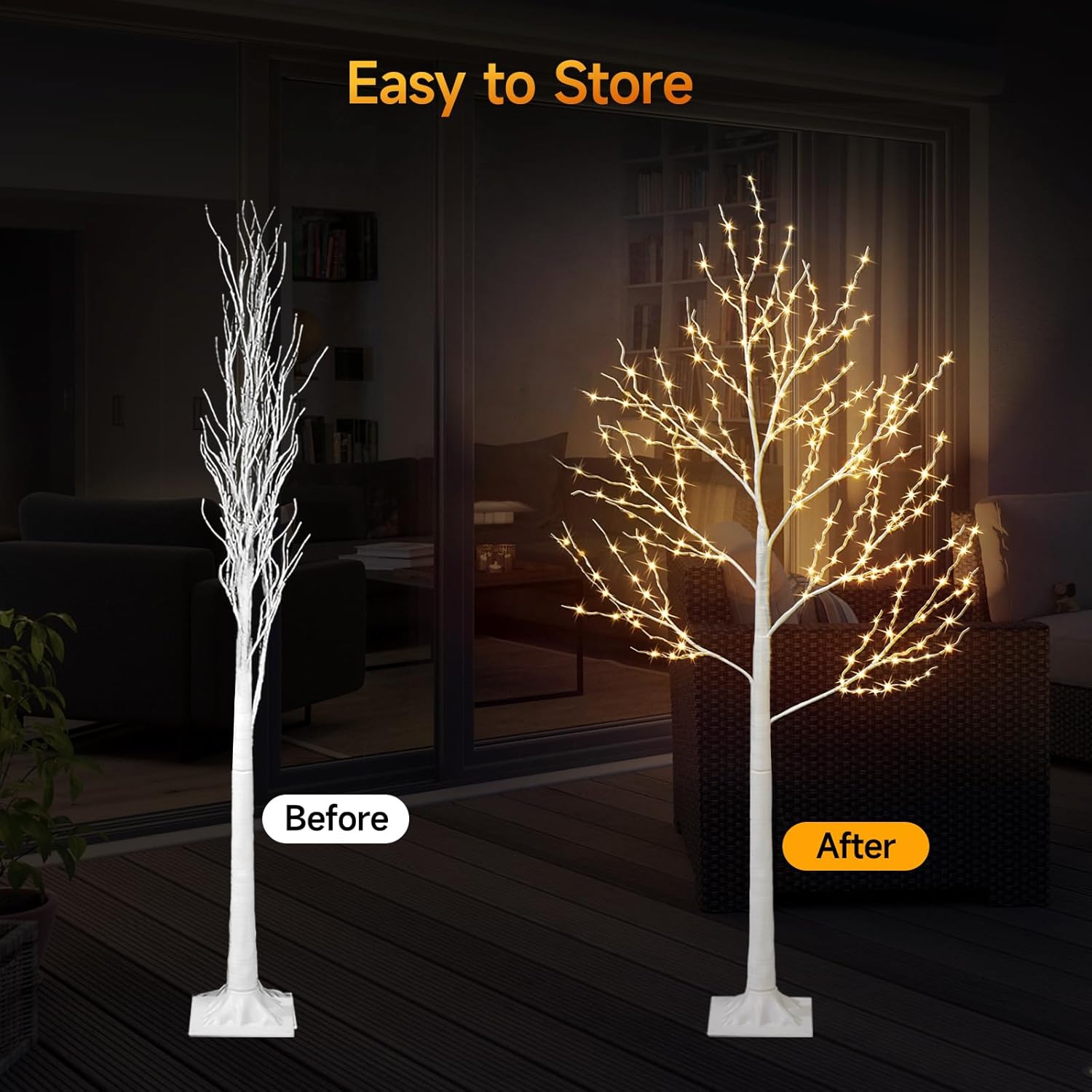 Side-by-side comparison of a birch tree before and after shaping and lighting, demonstrating ease of storage.