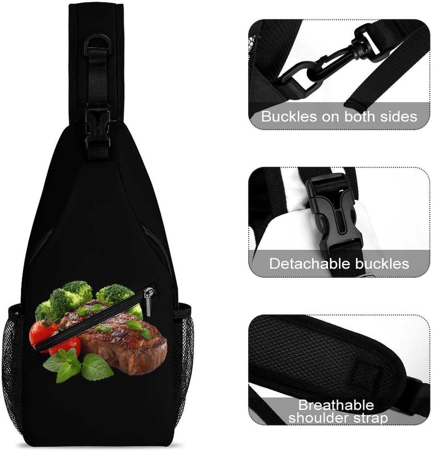 Steak Pattern Men Crossbody Sling Backpack Chest Bag | Travel Fanny Pack,Hiking Daypack,Print Shoulder Bags