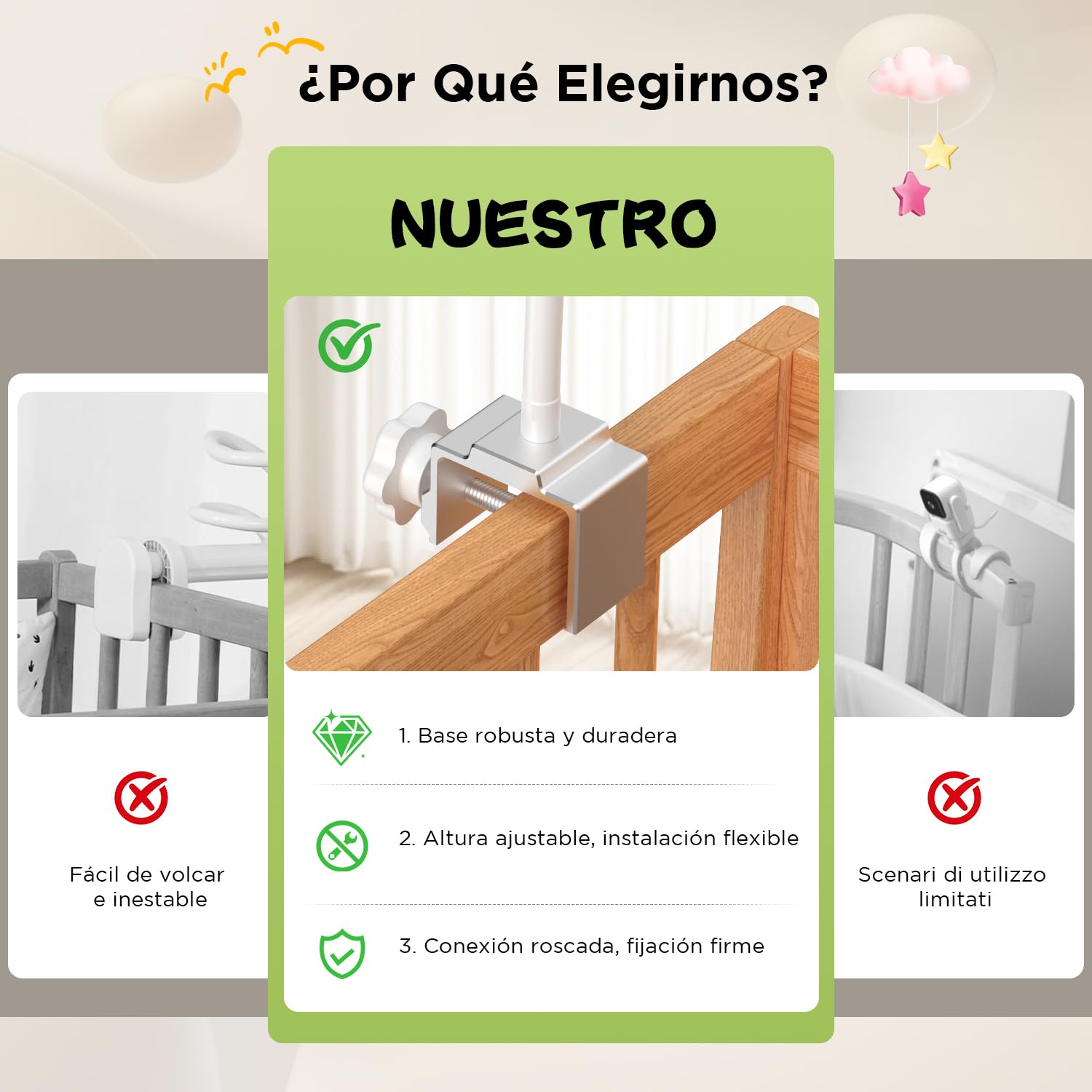 YESIMOM Soporte Universal para Camara Vigilancia Bebe: Ajustable, Sin Taladros, Montaje 1/4" y Vista 360° - Compatible con la Mayoría de vigilabebes (Color Blanco) — view 3