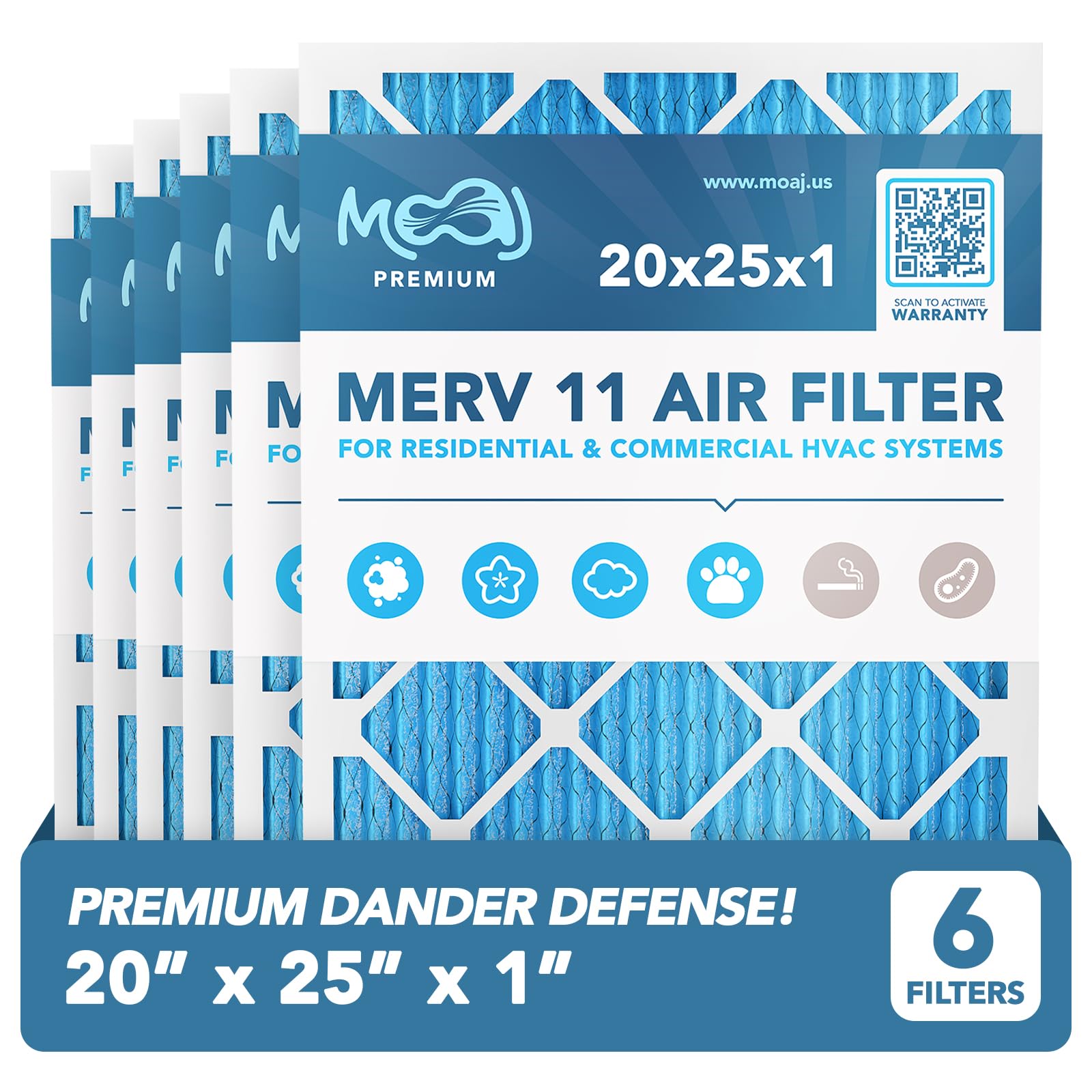 20x25x1 Air Filter (6-PACK) | MERV 11 | MOAJ Premium Allergen Defense | BASED IN USA | Pleated Replacement Air Filters for AC & Furnace Applications | Actual Dimensions: 19.70” x 24.70” x 0.75” (in.)