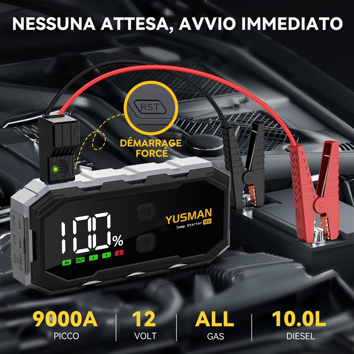 YUSMAN Avviatore Batteria Auto 9000A,12V Booster Avviamento Portatile per Auto benzina e diesel fino a 10.0L, Jump Starter con Cavi Intelligenti, Power Bank USB-C, Torcia LED e Protezioni di Sicurezza
