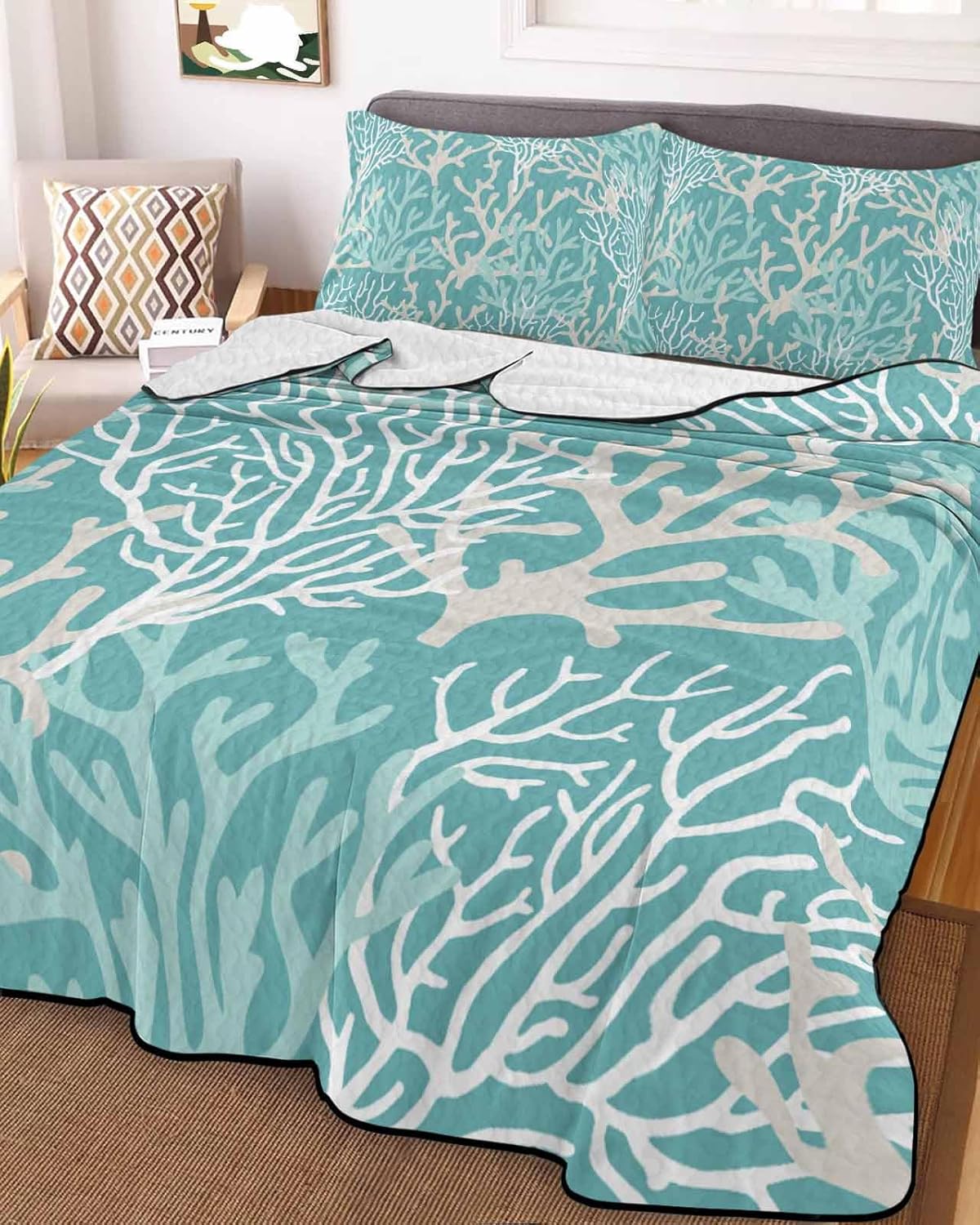 3-Piece Summer Quilt Queen Size, Teal Coral Coastal Lightweight Cooling Bedding Comforter Blanket with 2 Pillow Shams, Ocean Nautical Seaside Beach Bedspreads Quilted Coverlet Sets 90"x 96"