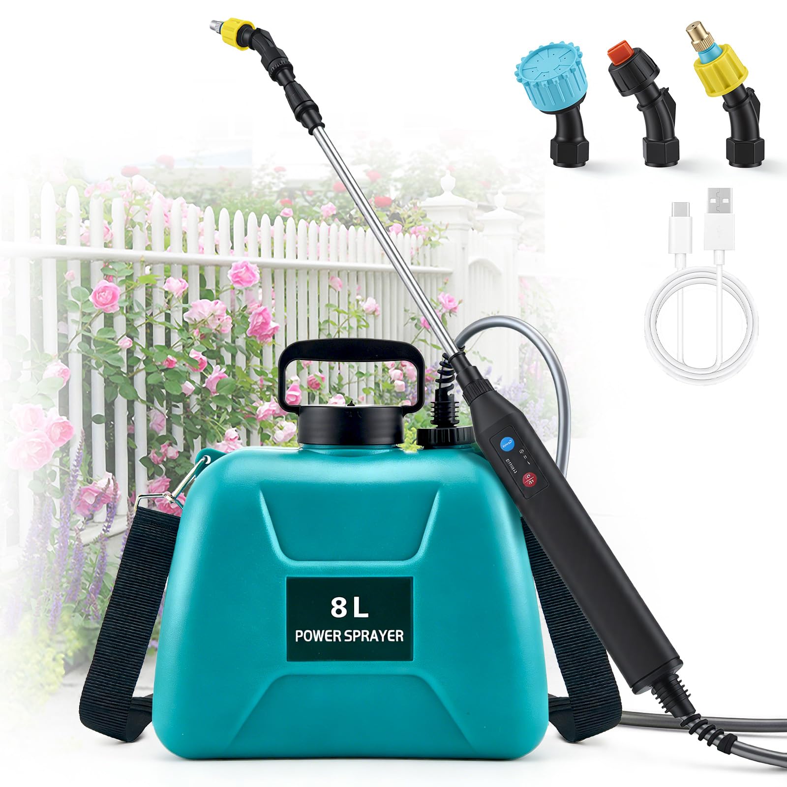 Spruzzatore Elettrico 8L con 3 Ugelli Regolabili, Pompa Irroratrice a Batteria per Giardino Cortile Prato, Ricaricabile Nebulizzatore Giardino 60cm Bacchetta Retrattile
