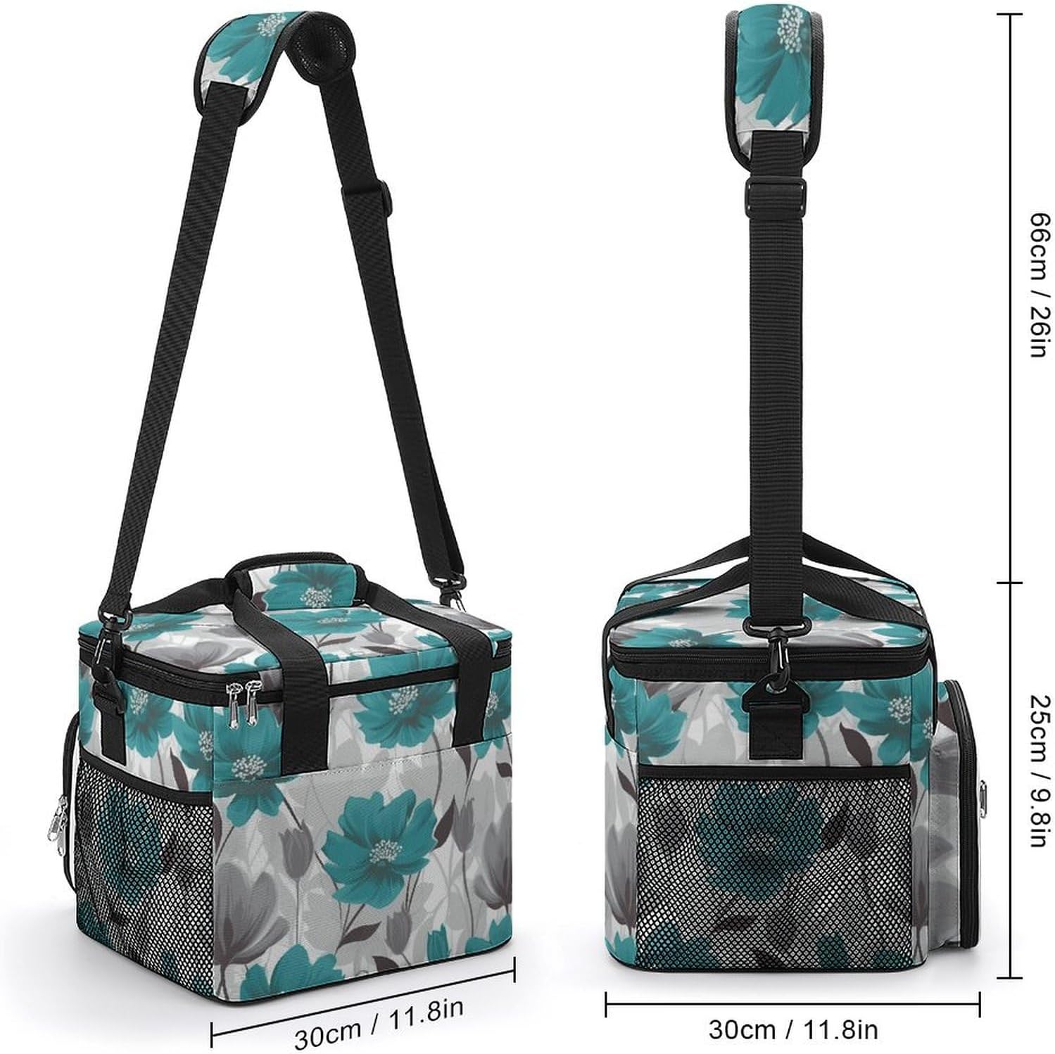 Large-Capacity Oxford Cloth Teal Grey and White Floral Printed Camping Ice Bag, Outdoor Portable Insulation and Cold Storage Bag, Enjoy A Cool Camping Time