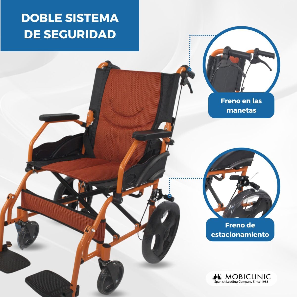 Mobiclinic®, Silla de ruedas, Plegable, Ligera, Dos sistemas freno, Respaldo, Aluminio, Reposapiés abatibles, Modelo pirámide, Pequeñas, Reposabrazos fijos (Naranja, 46 cm)