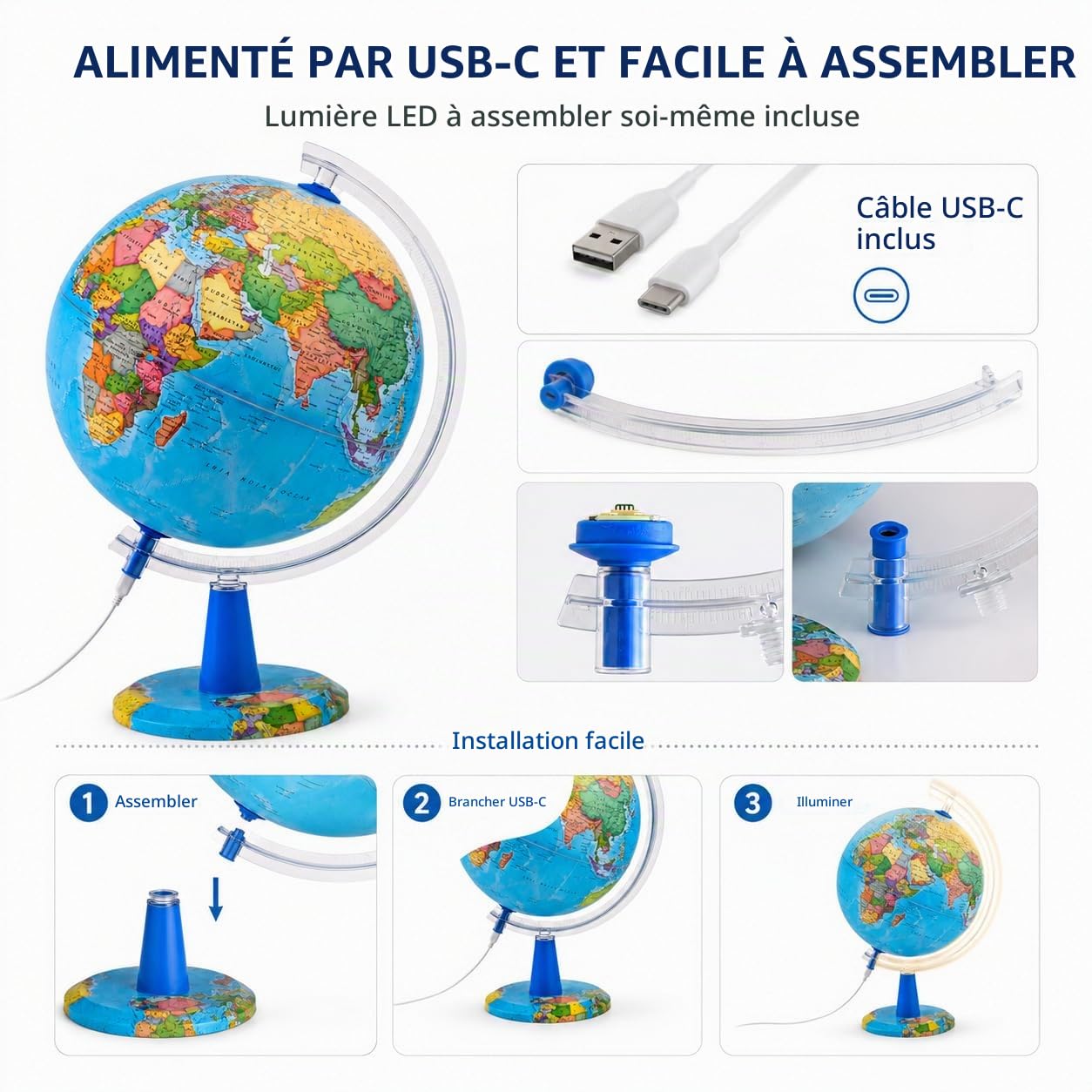 Globe Lumineux 20cm - Carte en Anglais - Globe Politique Moderne - Décoration Éducative, Géographique