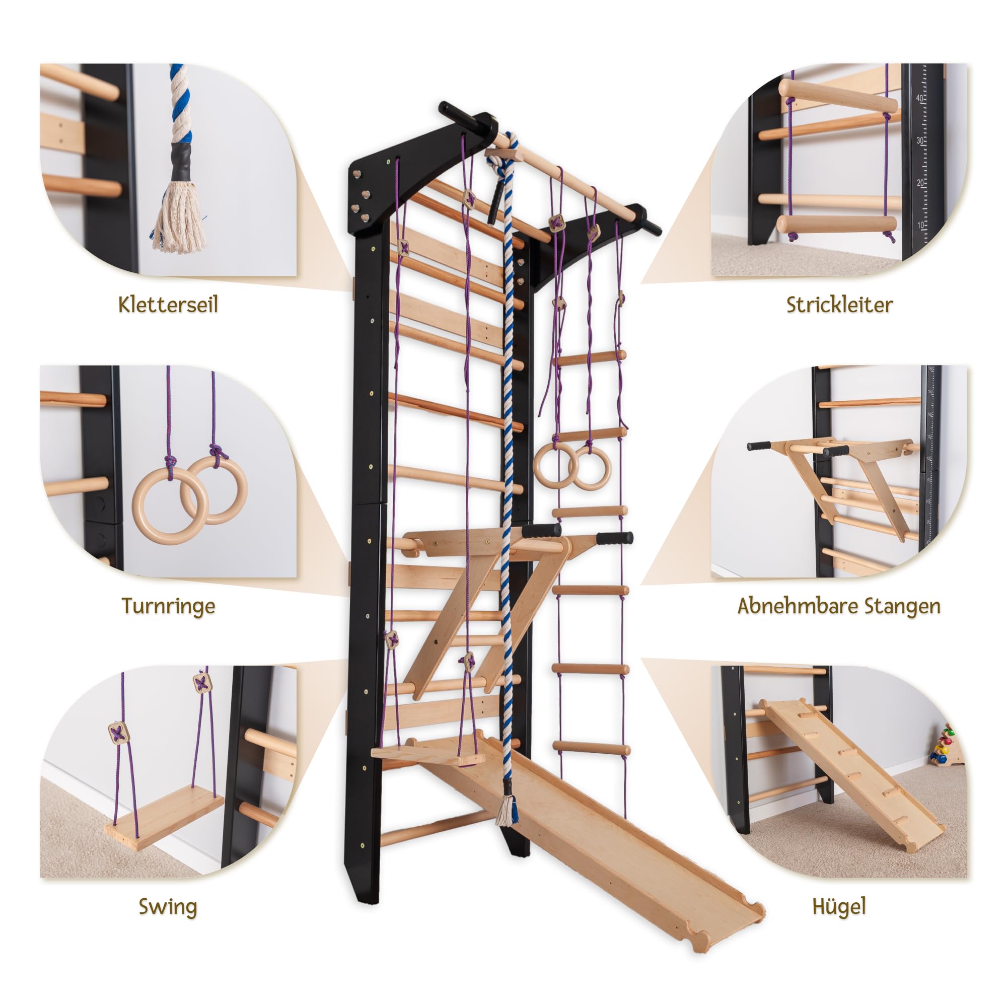 Sprossenwand Holz mit Rutsche & Schaukel - Indoor Klettergerüst für Kinder & Erwachsene - Turnwand mit Kletterbrett & Zubehör - Massiv bis 150kg (Schwarz)