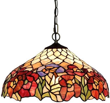 Tiffany-Style Pendant Light Rose Flower Stained Glass Hanglamp 16" E27 Chandelier Hanging Lights Fixture Ceiling Pendant Lamp for Kitchen Island Dining Room Pendant Light