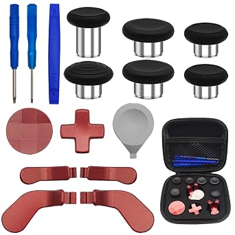 17 in 1 Red Thumbsticks Replacements Accessories Kit Compatible with Xbox One Elite Series 2 Controller, Red Metal Thumbsticks with 6 Swap Joysticks, 2 D-Pads, 3 Screwdrivers, 4 Paddles, 1 Tool and 1 Bag