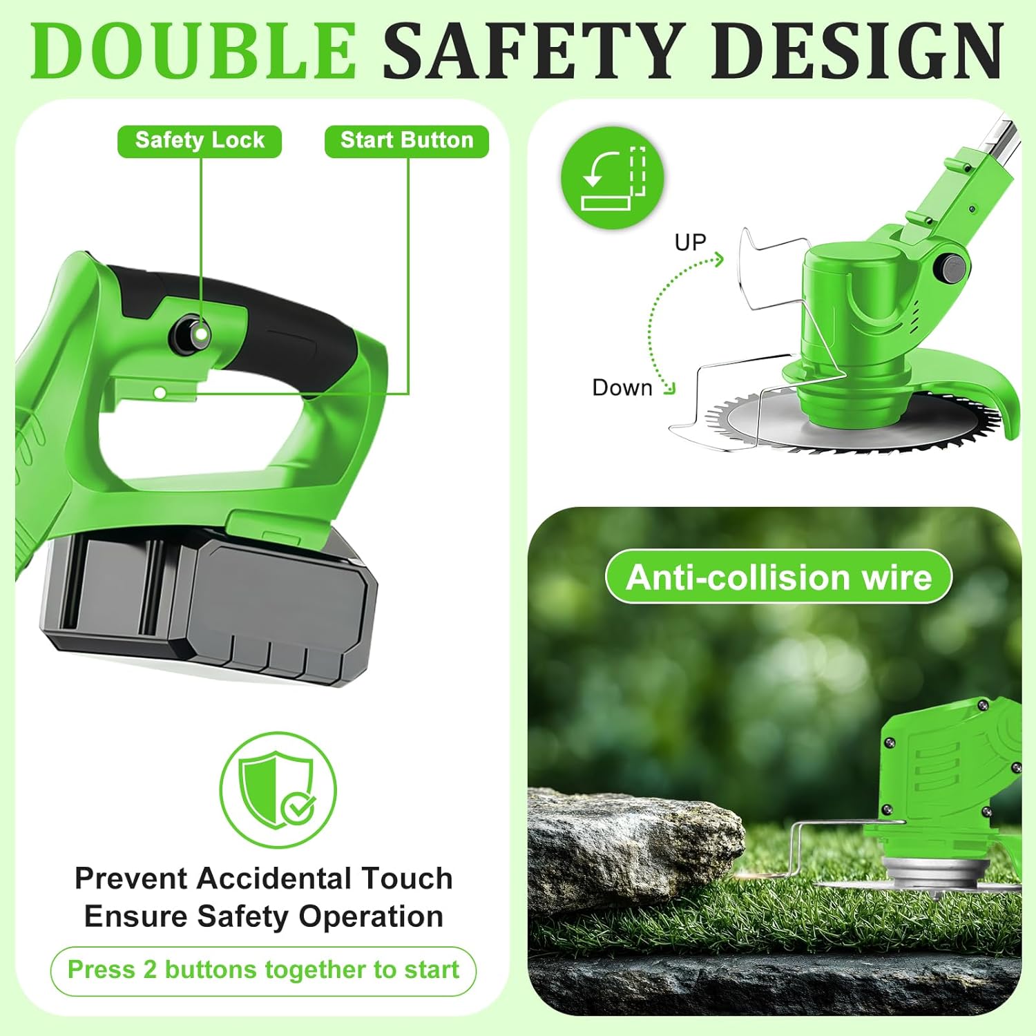 Electric Weed Wacker Cordless Electric Weed Eater Battery Powered Grass Trimmer Brush Cutter String Trimmer with 4 Types Blade & Fast Charger & 2x2000mAh Batteries for Garden Lawn Yard Green