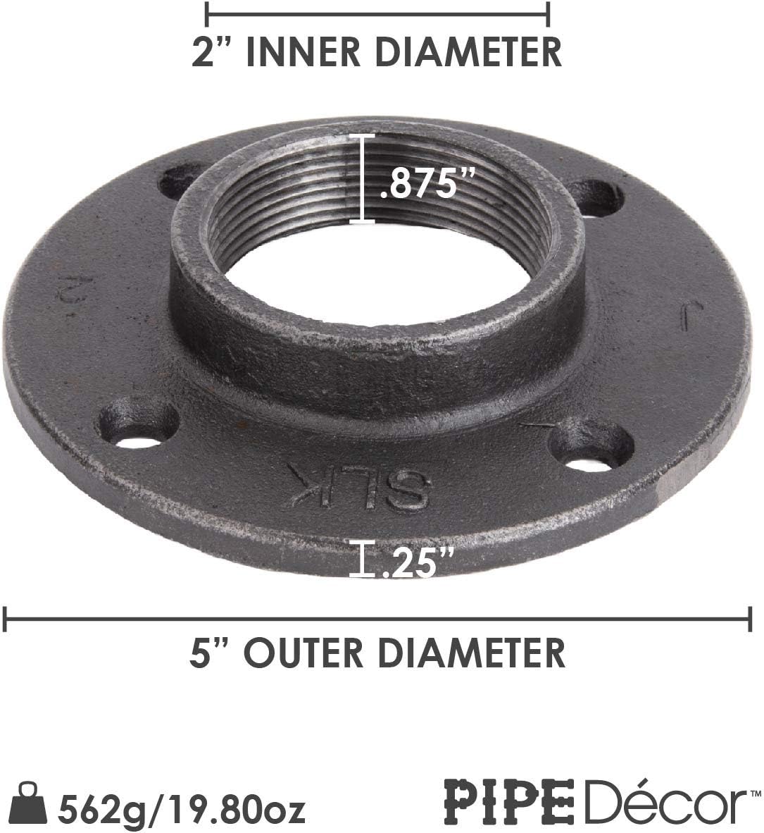 Pipe Décor 2" Malleable Cast Iron Floor Flange 4 Pack, Industrial Steel Grey Fits Standard 2 Inch Threaded Black Pipes and Fittings, Vintage DIY Table, Four Real Heavy Duty Plumbing Flanges - - 