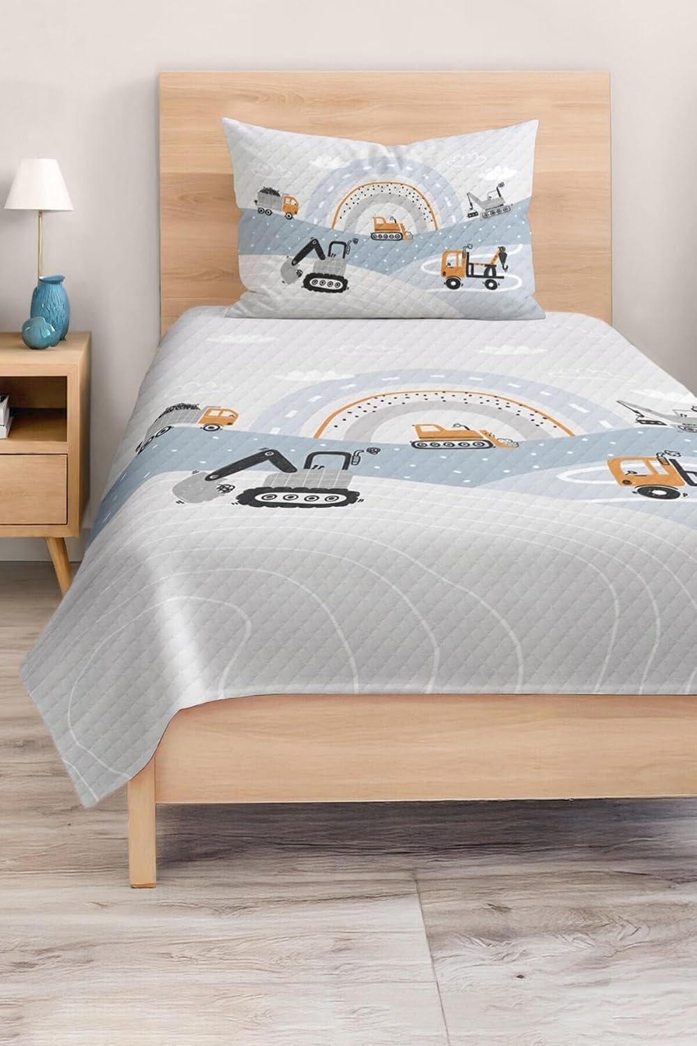 SODEF Single Size Quilt Set Construction Vehicle Pattern Yellow Gray Blue Cotton Polyester Blend Lightweight Breathable for Kids Boys - Multicolor, One Size