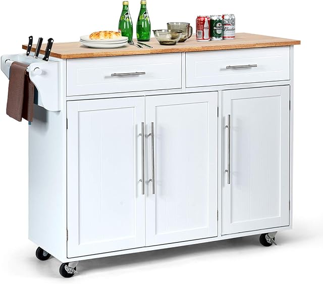 GiantexUK Large Kitchen Storage Island, Extendable Rolling Island Cart with 2 Drawers and 2 Compartments, Utility Storage Cabinet on Wheels (White + Natural)