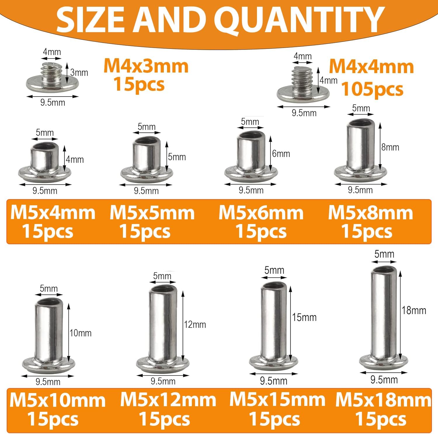 120sets Chicago Screws Kit, 8 Sizes Screw Rivets Silver Chicago Binding Screws for DIY Repair Leather Craft Belt Bag Shoes Purse Bookbinding (M5*4,5,6,8,10,12,15,18) (Silver)