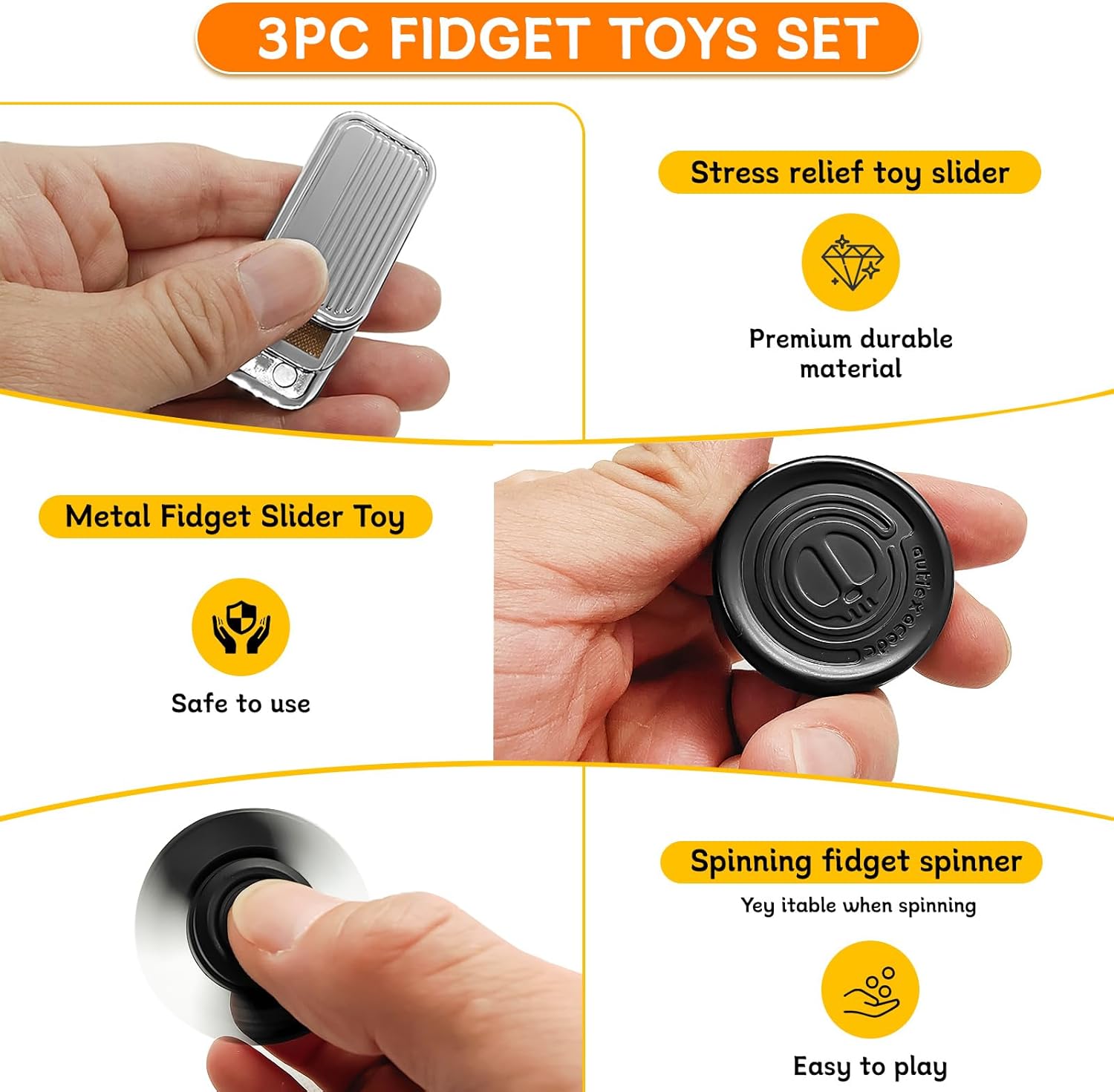 Metal Magnetic Fidget Toys Pack - EDC Fidget Slider, Spinner, and Haptic Clicker - Ideal for Anxiety, ADHD/ADD, Stress Relief, and Improved Focus. (Slider Spinner and Haptic Coin)