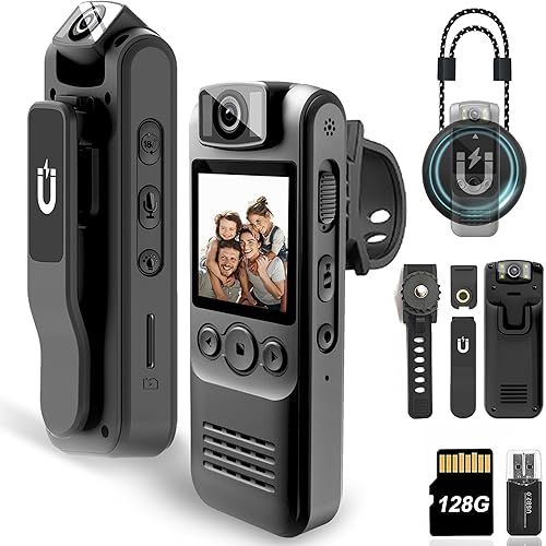 Body Camera with Audio & Video Recording- 128GB 1080P HD Police Cop Cam for Outdoor Law Enforcement Guard Travel Cameras- with Magnetic Clip Flashlight 6HR Battery Recorder (Black Lanyard)