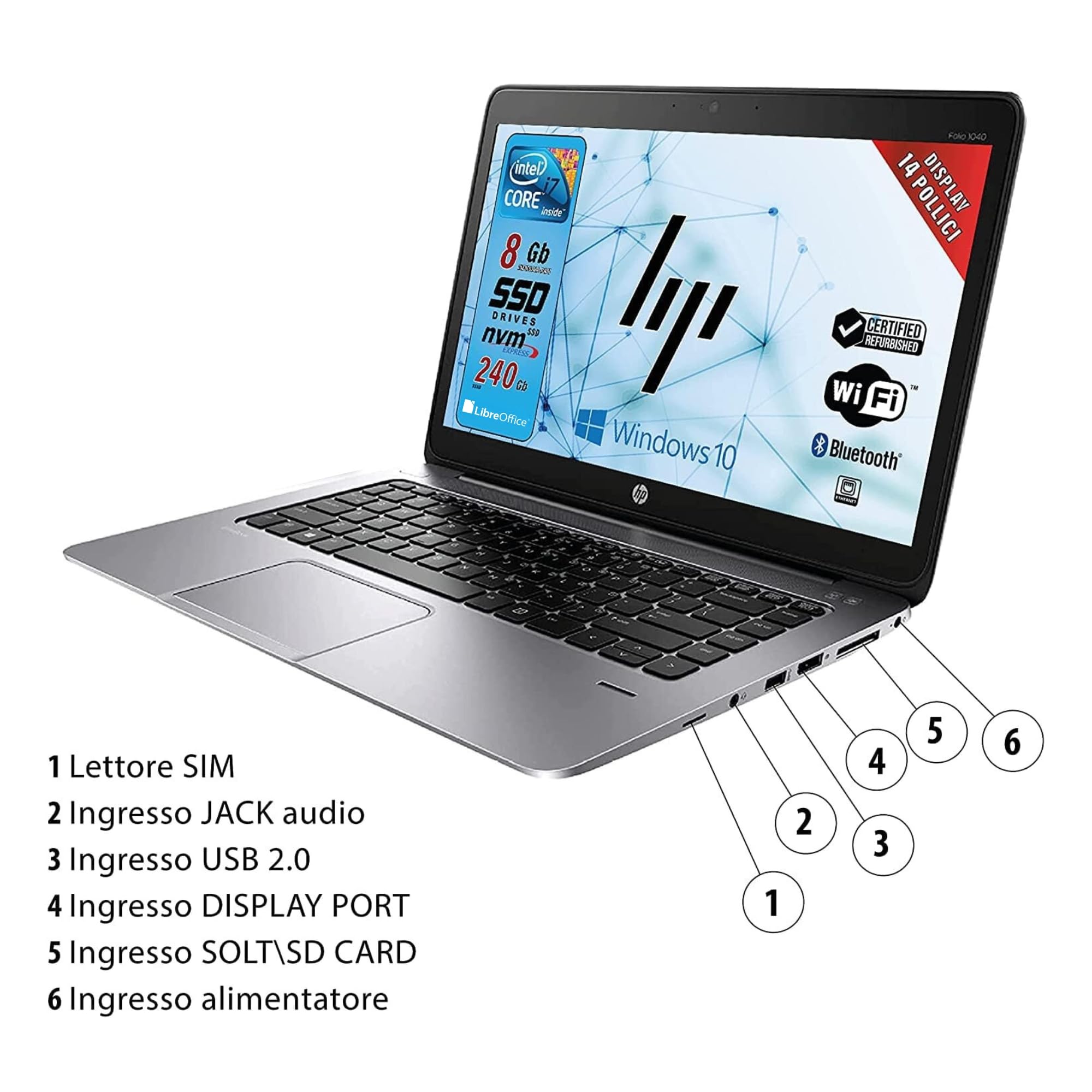 HP Elitebook Folio, Notebook Pc portatile Pronto All'uso, Display 14", Intel Core i7, Ram 8GB, SSD 240GB, Win 10Pro, Pacchetto Libre Office (Ricondizionato)