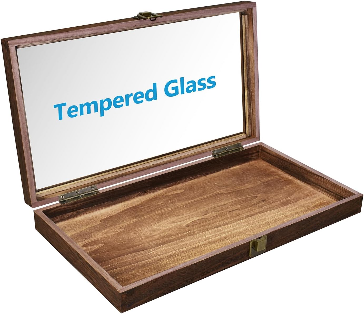 MOOCA Wooden Jewelry Display Case with Tempered Glass Lid and Removable Black Luxurious MDF Velvet Jewelry Display Pad, Pocket Knife Eyewear Case, Brown Color