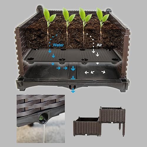 Miniatura 3 de Barton Cama de jardín elevada de plástico marrón con diseño de riego automático para exteriores, kit de jardinera elevada con ruedas móviles
