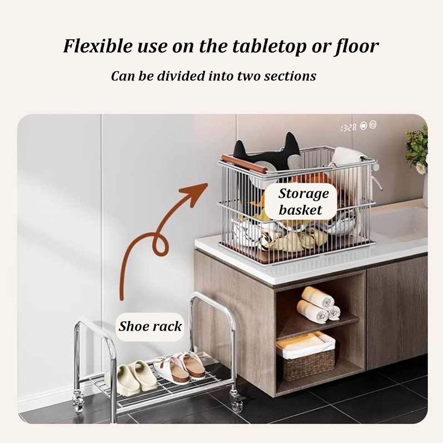 2-Tier Rolling Laundry Basket with Wheels & Handles, Removable Hamper Cart, Vertical Laundry Sorter for Bedroom, Living Room, Balcony, Bathroom (White)