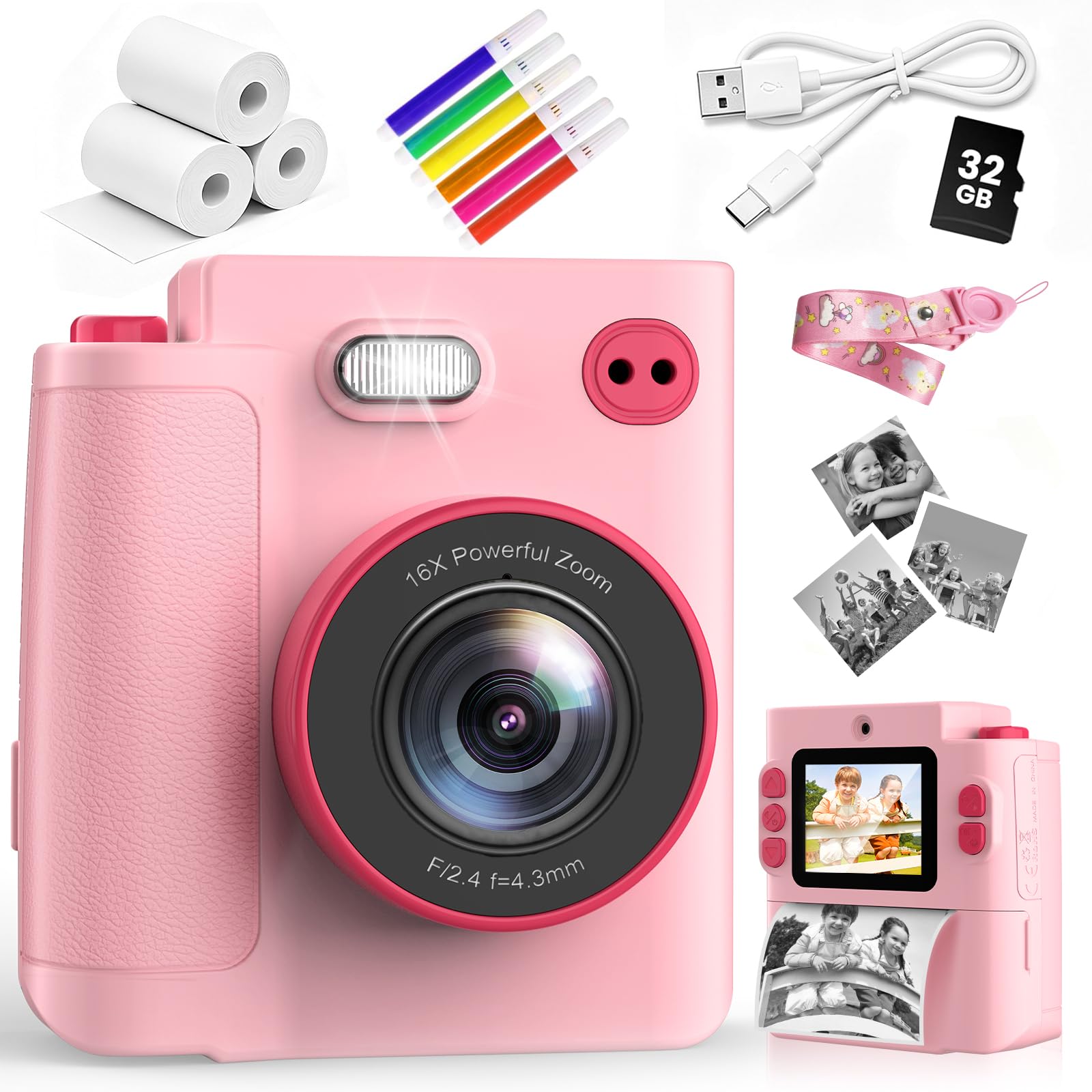 Kids Instant Print Camera with 32GB Memory Card, Pink, 2.0 Inch LCD Screen, Dual Camera, 1080P Video, 16X Digital Zoom, Type-C, 3 Rolls Print Paper and Colour Pens, Gift for Kids
