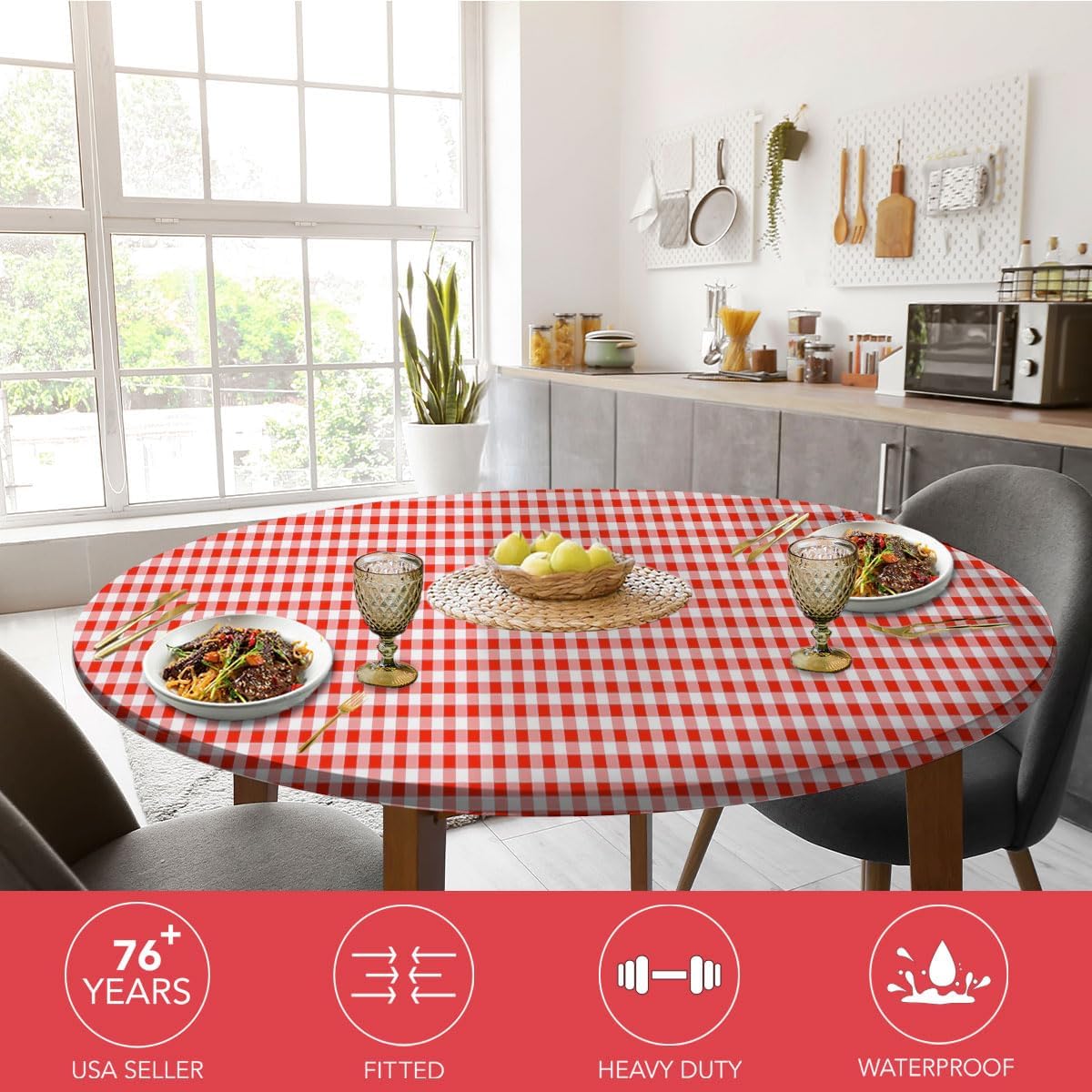 Covers For The Home Deluxe Elastic Edged Flannel Backed Vinyl Fitted Table Cover - Gingham (Red) Pattern - Large Round Oblong Oval - Fits Tables up to 45" - 56" Diameter