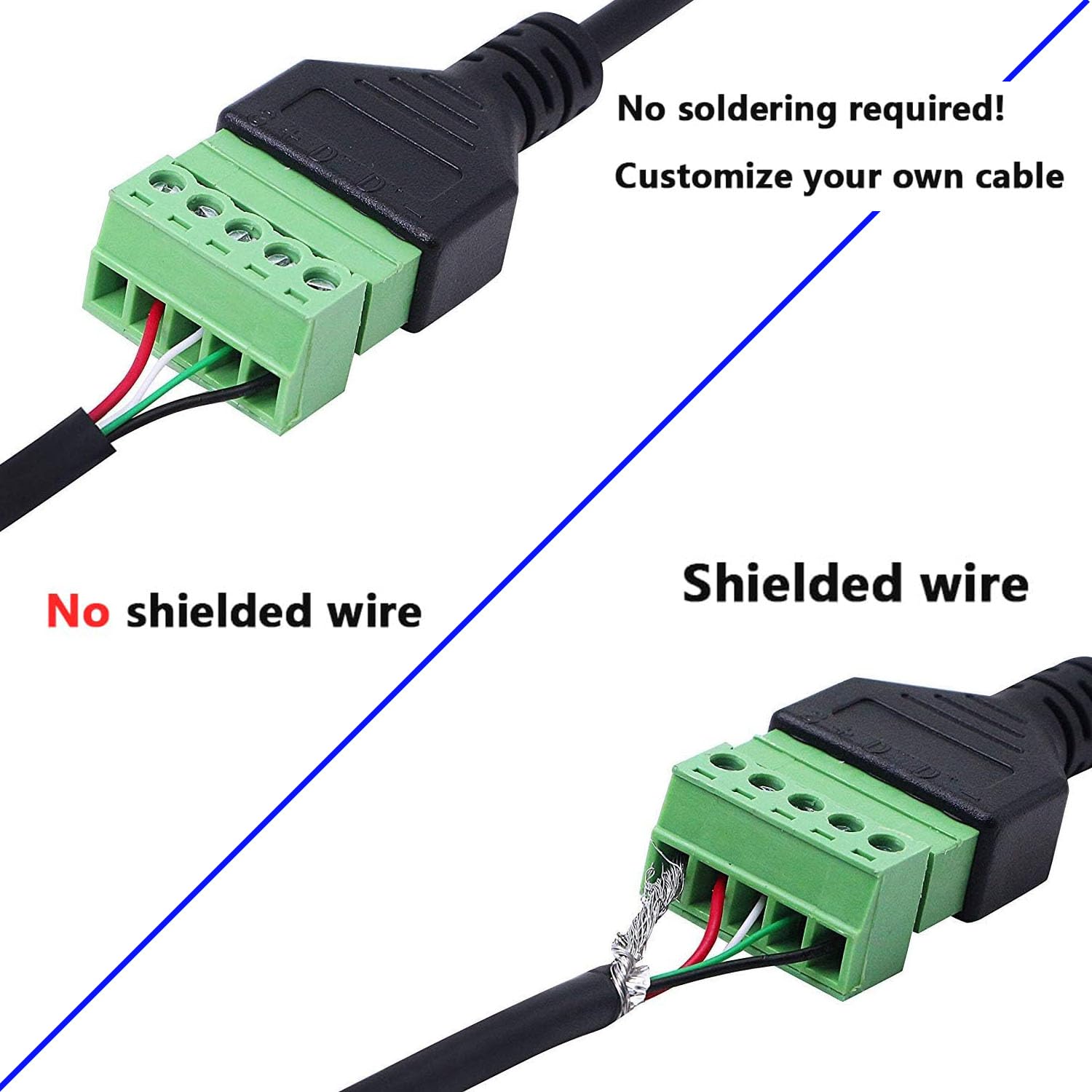 RUNCCI-YUN 2 Stück Micro USB Terminalstecker männliches Kabel, Lötfrei Micro USB auf 5-poliges Schraubklemmenblock