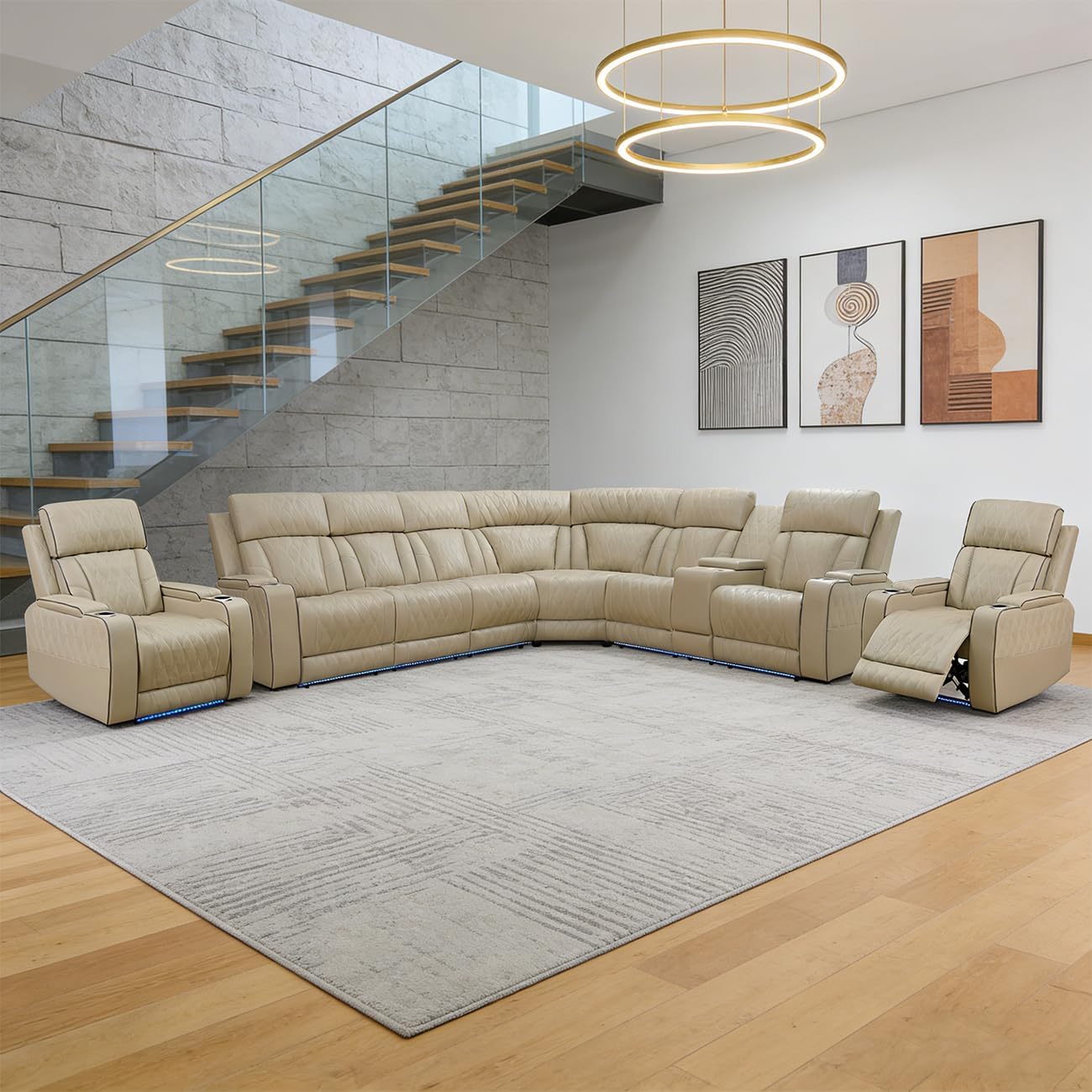 Power Recliner Sectional Sofa Set for Living Room Furniture Sets,Leather Reclining Sofa Set with LED Lights/Hidden Storage,L-Shaped Couch for Home Theater(Beige,Sectional+2xChairs)