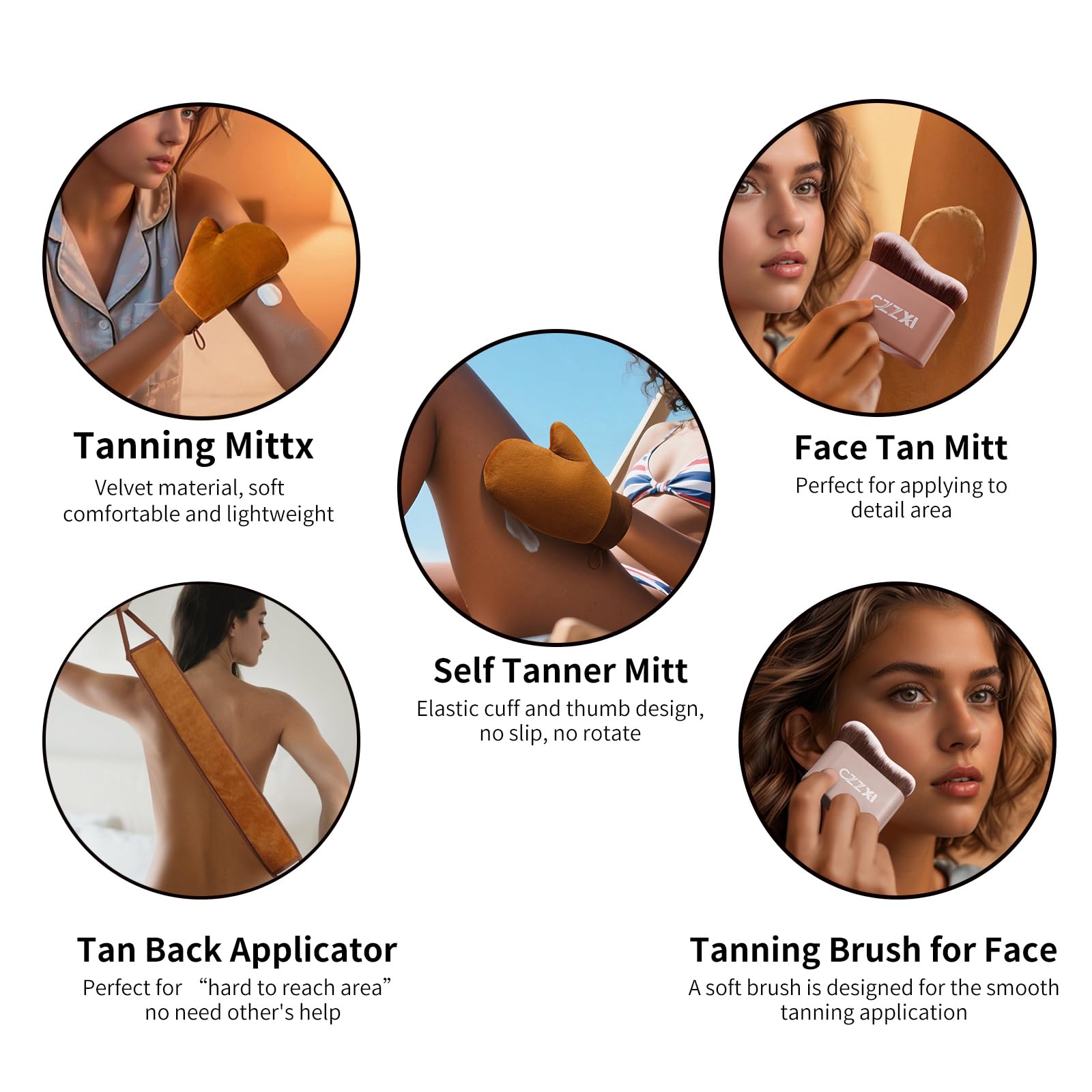 CZZXI Tanning Mitt, Body Brush & Back Tanner Applicator Kit – Self-Tan Applicator for Body, Face & Hard-to-Reach Areas | Includes Storage Pouch: 3 Piece (Brown)