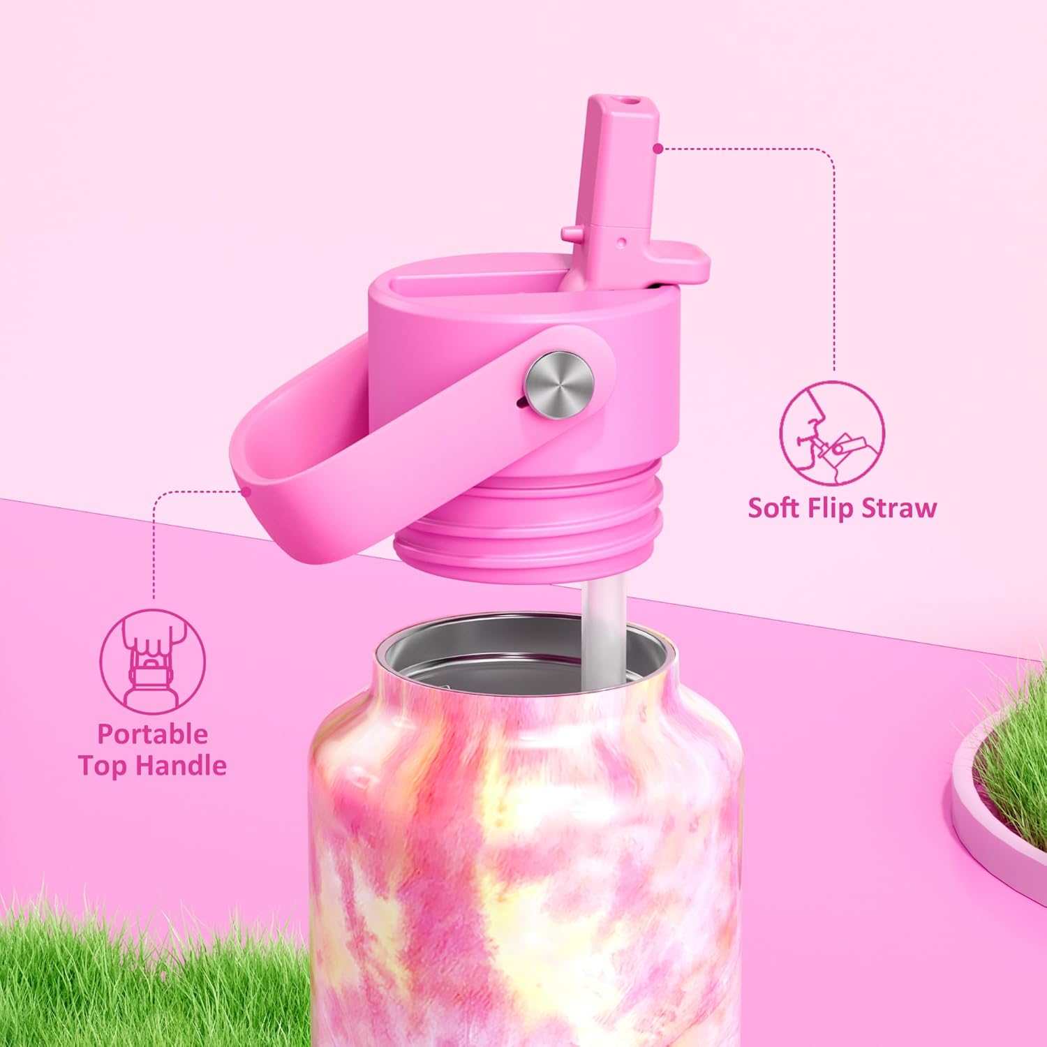 POWCAN 18 oz Vacuum Water Bottle: Lightweight, Leakproof, Flex Cap, BPA-Free, Cupholder Friendly, Vacuum Flask with Straw for Girl, College, Outdoors, Sport, Daily, Classroom, School (Citrus Dream)