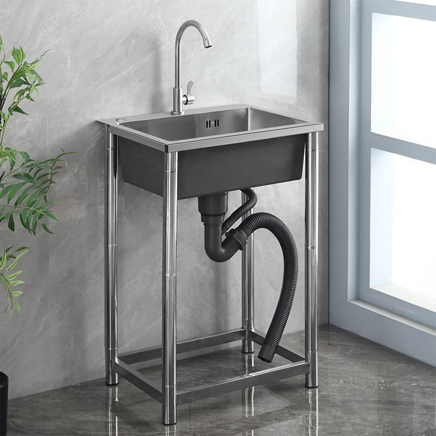 Stainless Steel Small Utility Sink, 18"x16"x30" Single Bowl Utility Laundry Sink Freestanding Kitchen SiNk with 360° Rotatable Faucet Washing Station Si-nk for Yard Kitchen