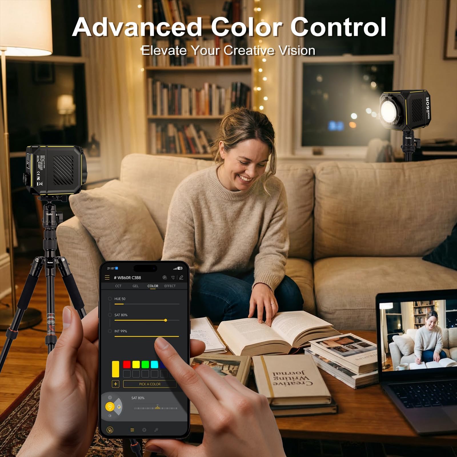 COLBOR - Luz de video LED de 60 W, luz COB RGBCW portátil con batería integrada de 59 Wh, 2700 K-6500 K bicolor y a todo color, CRI 96+, control de aplicación, compatible con alimentación PD/DC, luz