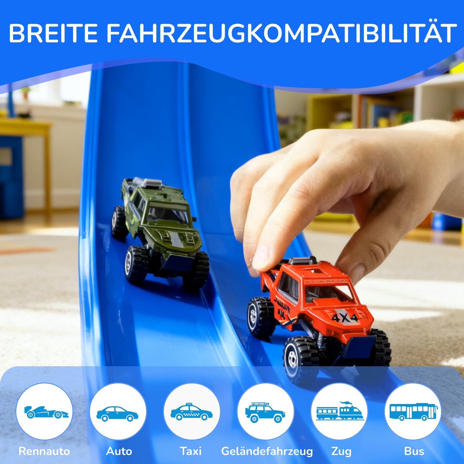 Autorennbahn Flexible Rennstrecke mit 4 Autos & Tragtasche – Soft Rennbahn Spielzeug für Kinder ab 3 4 5 6 Jahre, Rollt Auf Tragbare Autobahn Geschenk für Indoor/Outdoor, Blau