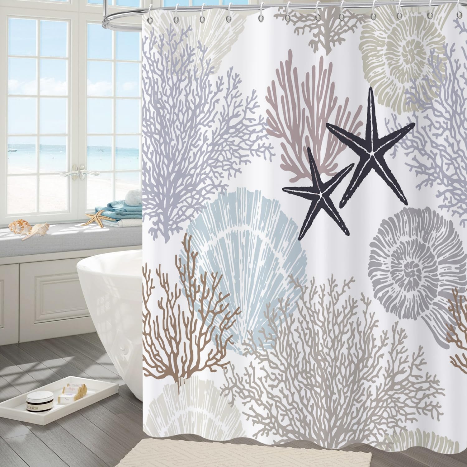 Nautical Coastal Shower Curtain, Brown Tan Blue Ocean Beach Seashell Starfish Themed Bathroom Curtain Waterproof Fabric Machine Washable with Hooks, 72" Wx78 L