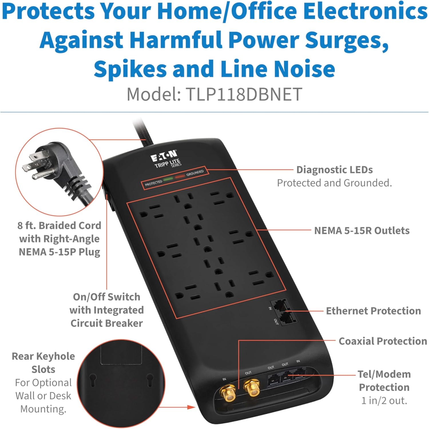 Eaton Tripp Lite TLP118DBNET Home Theater Surge Protector 11 Outlets