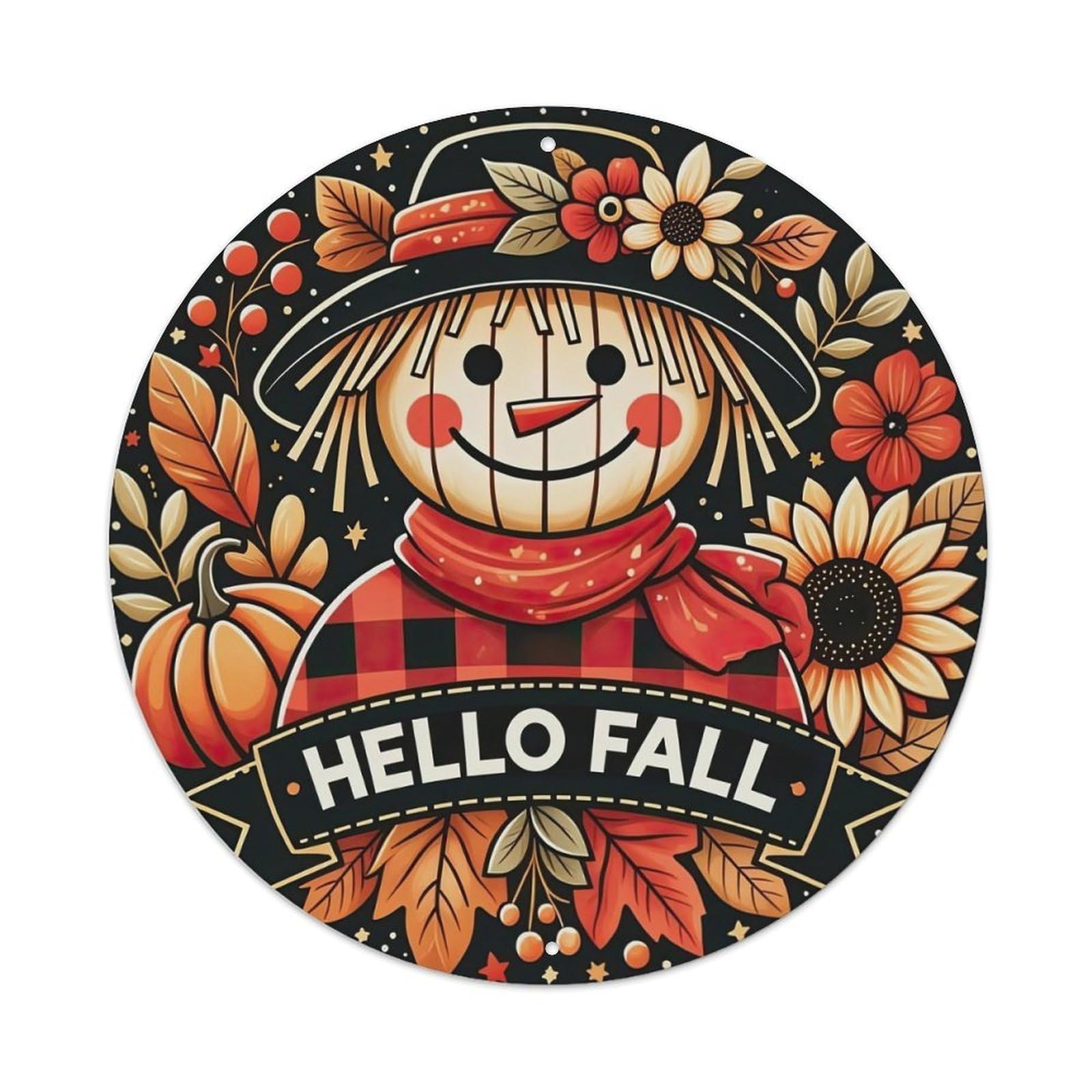 Scarecrow Autumn Leaves Pumpkin Flowers Metal Tin Sign