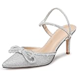 Women's Closed Toe Rhinstone Wedding Low Heel Slingback Clear Kitten Heels,Adjustable Strap Pointed Toe Bow Pumps High Heeled Prom Dress Shoes