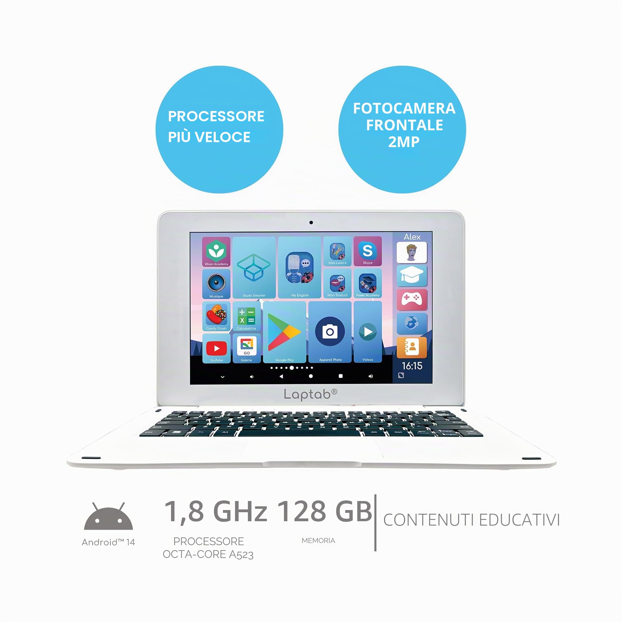 Lexibook, LAPTAB® 11 - Computer portatile con touch screen, per tutta la famiglia, contenuti educativi e divertenti, funziona su Android™, controllo genitoriale, ultra sottile e leggero, LT11FR