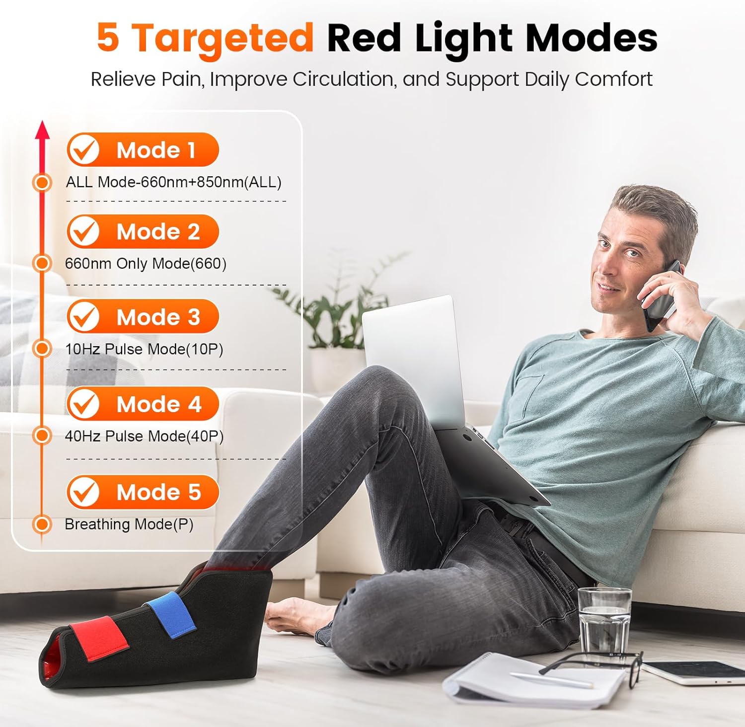 LIGHTIUM Red Light Therapy for Feet – Infrared Light Therapy Foot Wrap with 660nm Red & 850nm Near Infrared LEDs, Heat Therapy & Timer for Neuropathy, Joint, Ankle, Heel & Daily Foot Pain Relief - Image 2