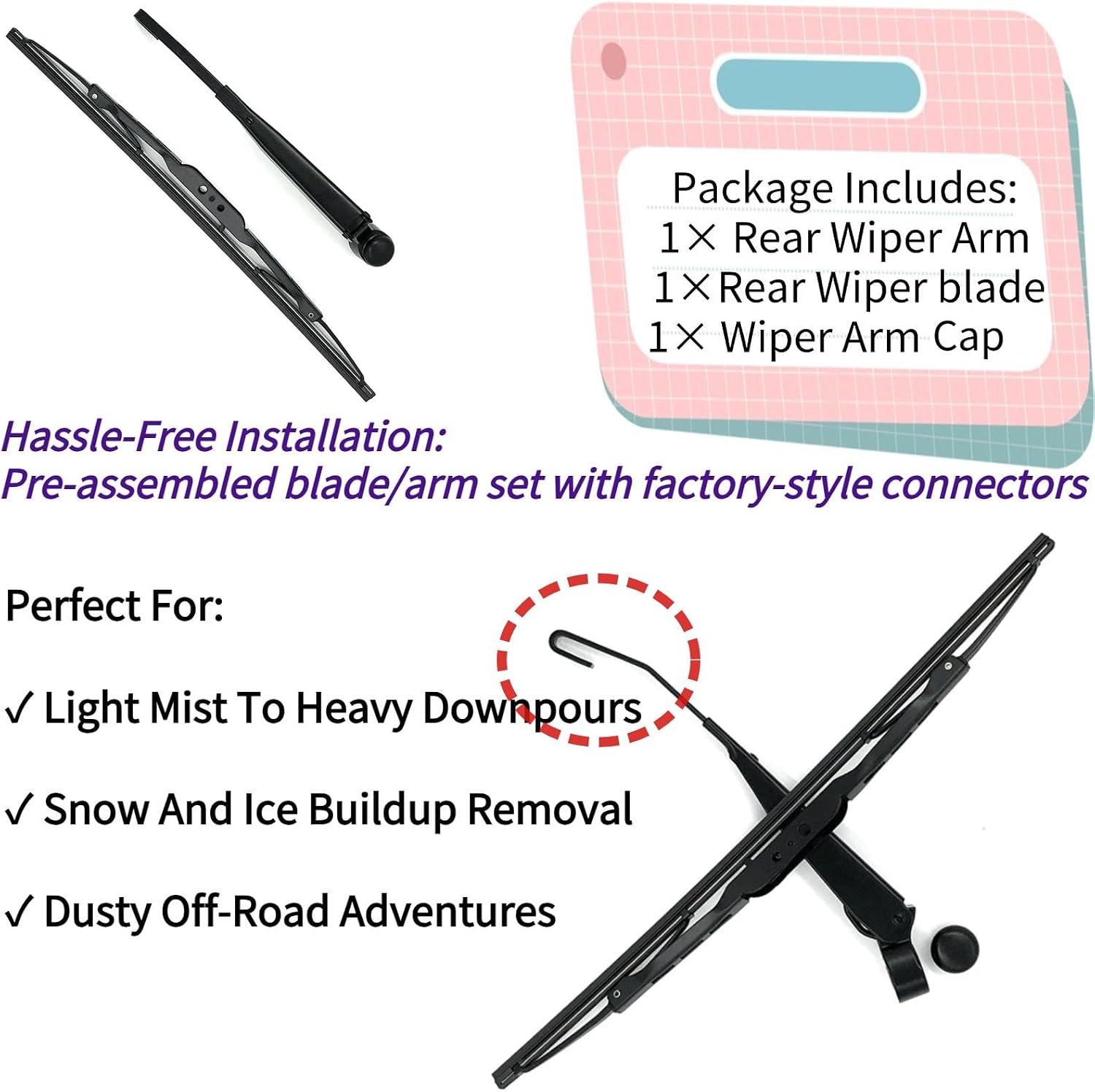 Rear Wiper Blade Arm Replacement for Dodge Grand Caravan 2011-2020 2019 2018 2017 2016 Fit for R/T SXT SE Plus Crew C/V Express Mainstreet GT Models - All-Season Rear Back Windshield Wiper Blade Set