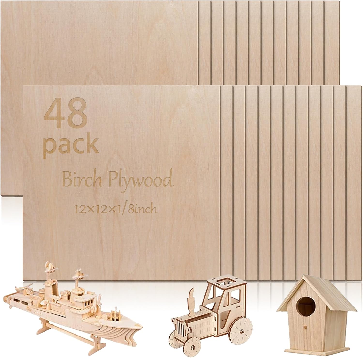 48 Pcs Baltic Birch Plywood,12 x 12 x 1/8 Inch - 3mm Thick Birch Unfinished Wood for Crafts Laser Cutting & Engraving, School DIY Projects, Painting, Fretwork, CNC Cutting, and Wood Burning